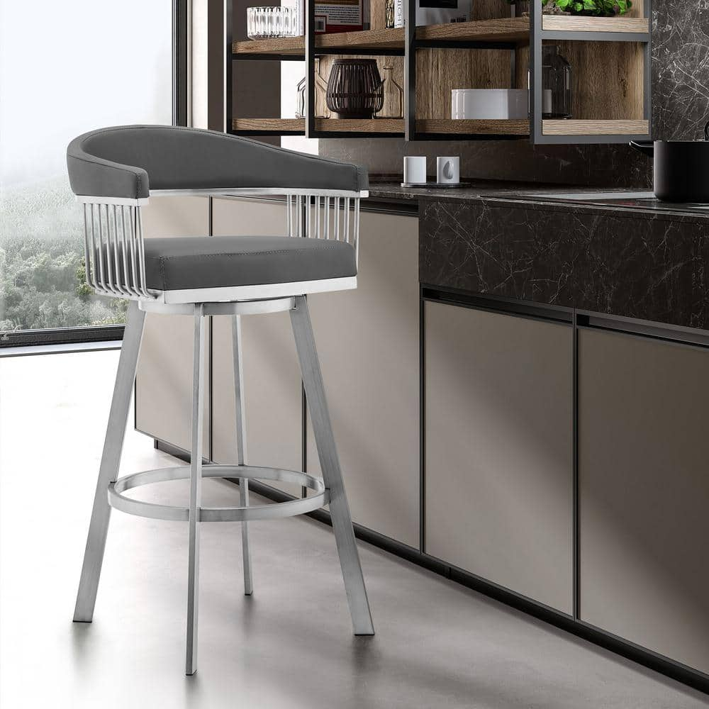 Armen Living Indoor Bronson 29" Gray Faux Leather and Brushed Stainless Steel Swivel Bar Stool