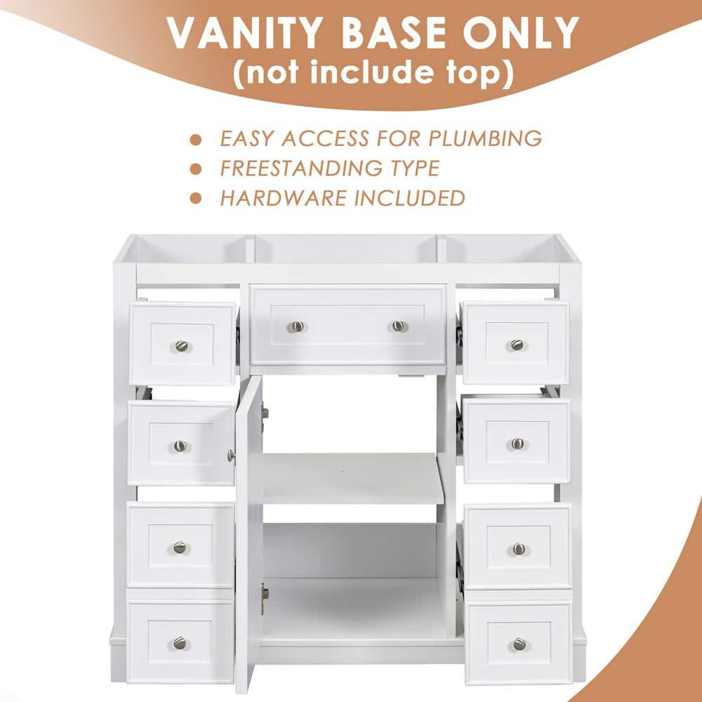 35.6 in. W x 17.9 in. D x 33.4 in. H Bath Vanity Cabinet without Top in White, Vanity Base with 1 Door and 6 Drawers