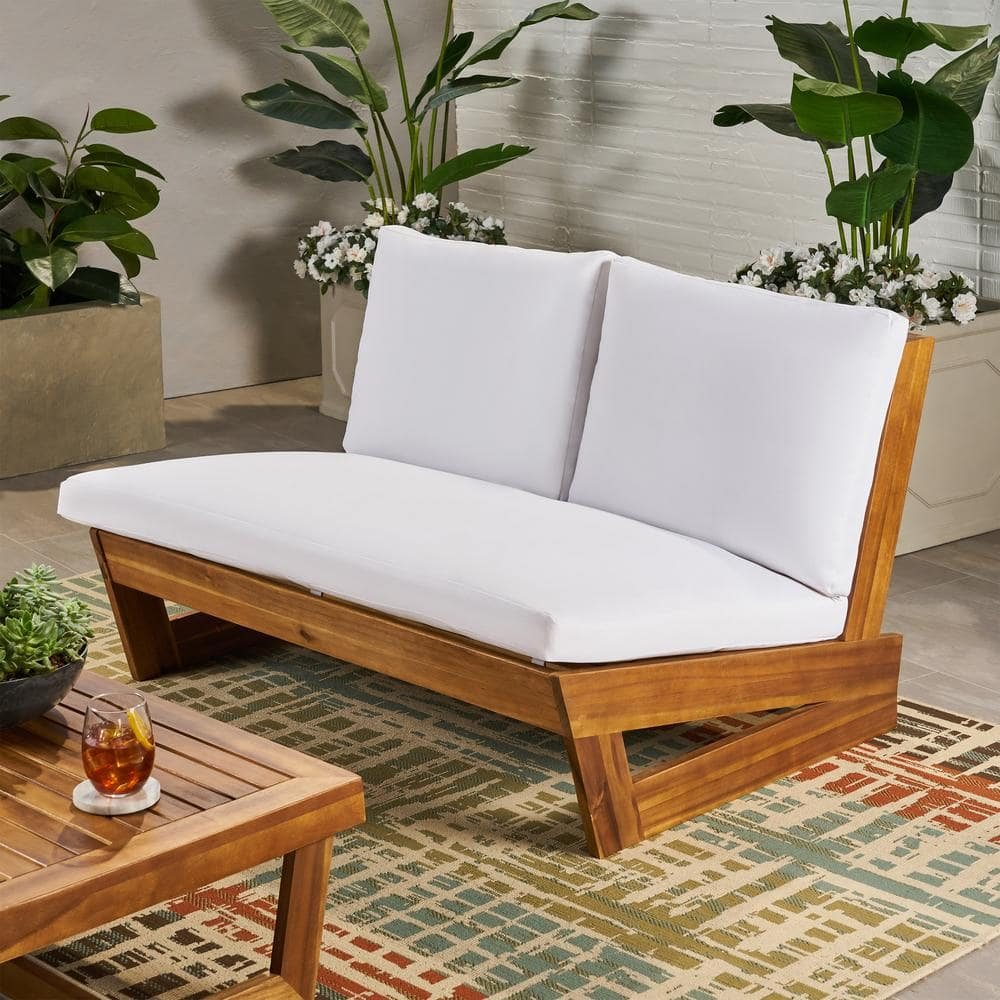 Roy Outdoor Acacia Wood Loveseat with Cushions, Teak and White