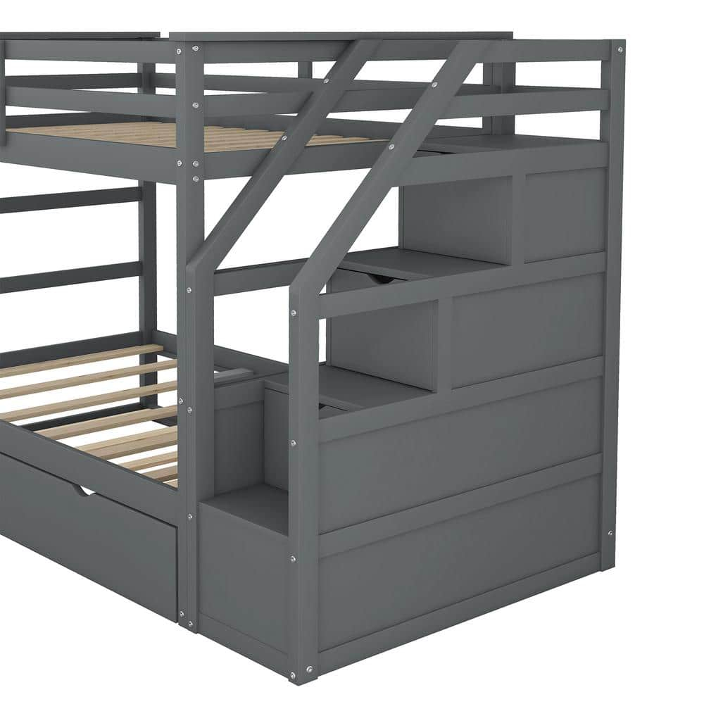 Gray Twin Over Twin Pine Wood Bunk Bed with Trundle and Storage Stairs