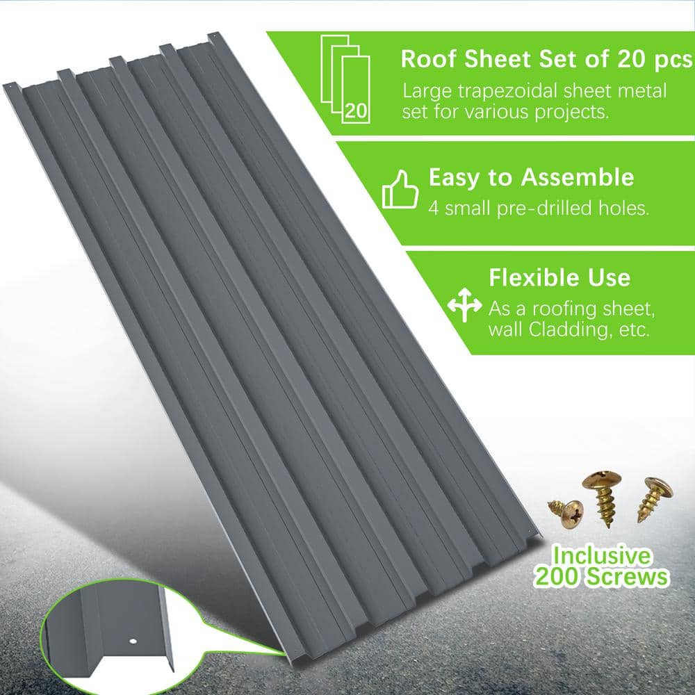 Metal Roof Panels 20 Pcs Roofing Panels Galvanized Steel with Screw Resistant,Versatile and Durable Suitable for Garages,Sheds, Stables and Mobile Homes Gray 99 sq.ft
