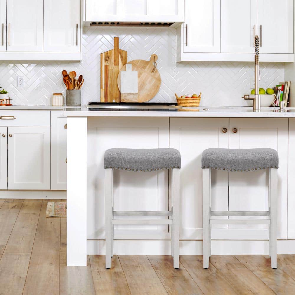 Polytrends Jameson Upholstered Polyester 29" Bar Stool with White Legs - (Set of 2) Antique White/Gray