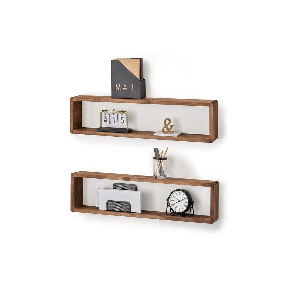 Stackable Floating Shelves, Farmhouse Style Decorative Box Bookshelves for Bedroom, Living Room, and More, Solid Wood, 8" H x 32" W x 4.00" D, Walnut Finish, 2-Pack