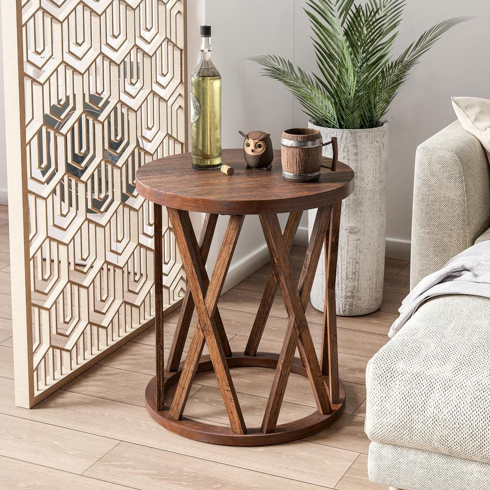 Rustic Brown Round Wood End Table with X-Motif Legs