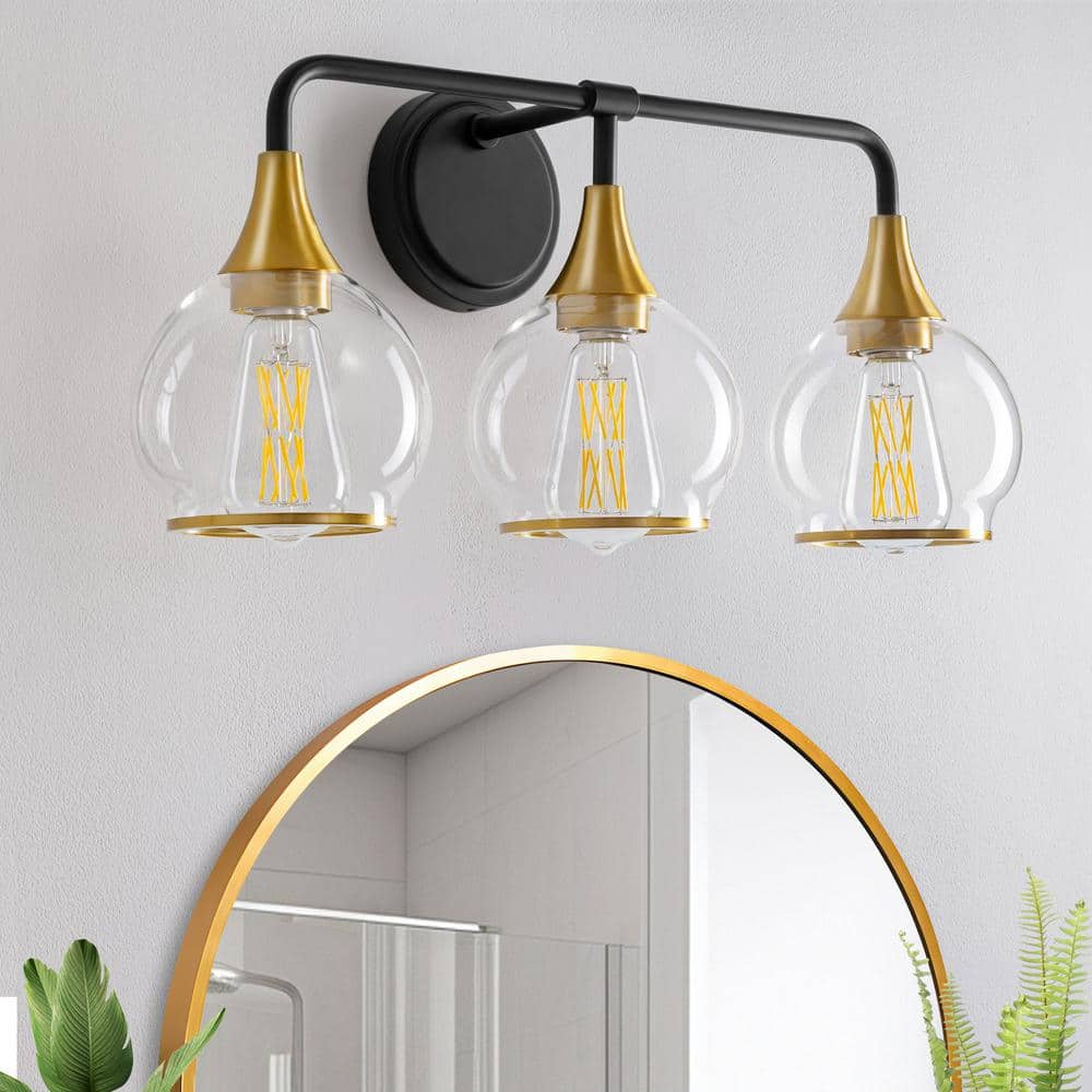 KAISITE 3-Light Black & Gold Dimmable Vanity Light with Clear Glass Shades