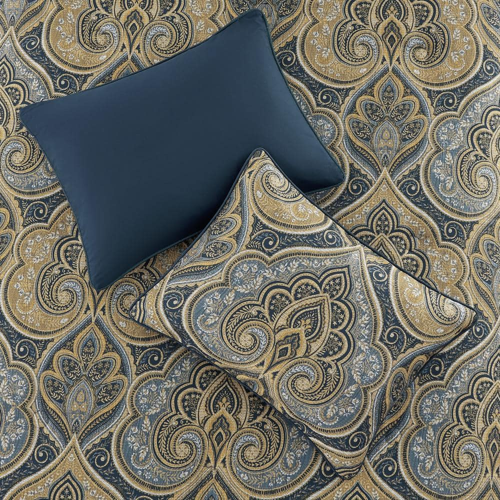 Navy and Gold Damask Microfiber Full Comforter Set