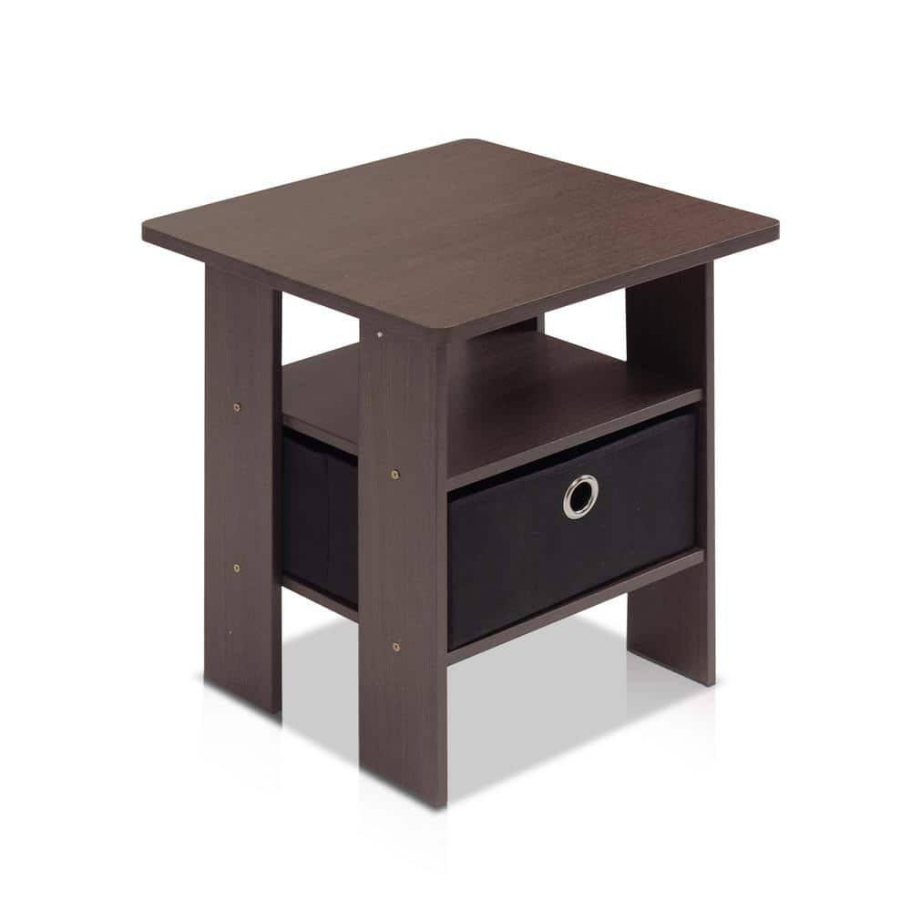 Furinno Andrey Engineered Wood End Table with Bin Drawer in Dark Brown/Black