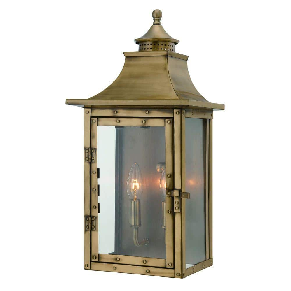 Aged Brass Colonial Style 2-Light Outdoor Wall Lantern