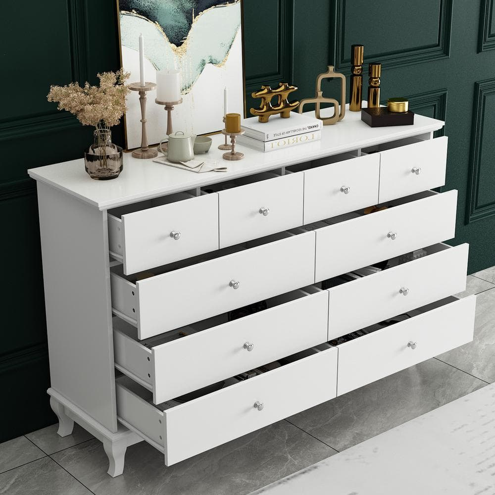 OXYLIFE Wooden 10 Drawer Dresser, White Chest of Drawers Storage Cabinet for Bedroom Closet Nursery