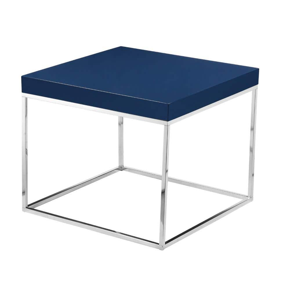 Benjara BM314959 Zen 24 in. Side End Table, Square, Polished Blue Top - Chrome Metal