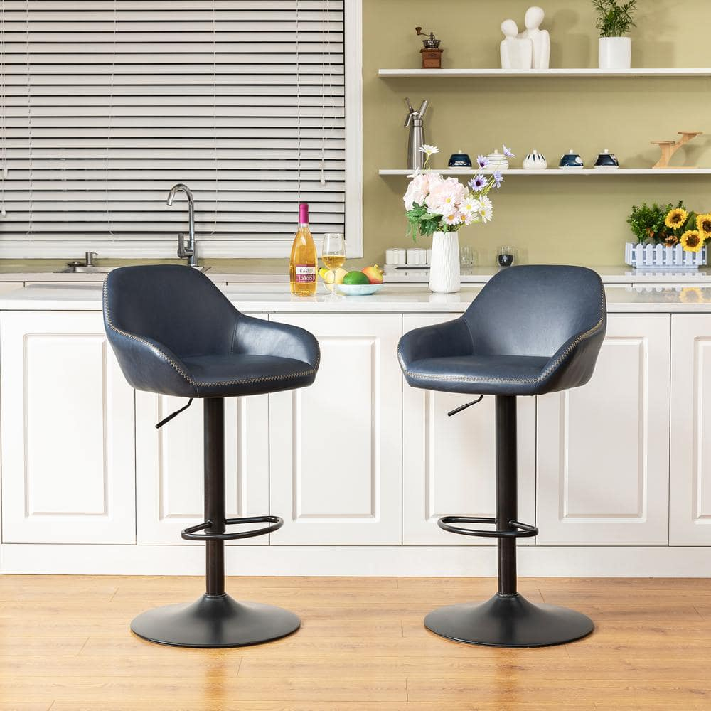 Glitzhome  42"H Mid-Century Adjustable Faux Leather Swivel Bar Stools Low Back Navy Blue Set of 2 Foam, Steel Faux Leather, Foam Footrest, Padded