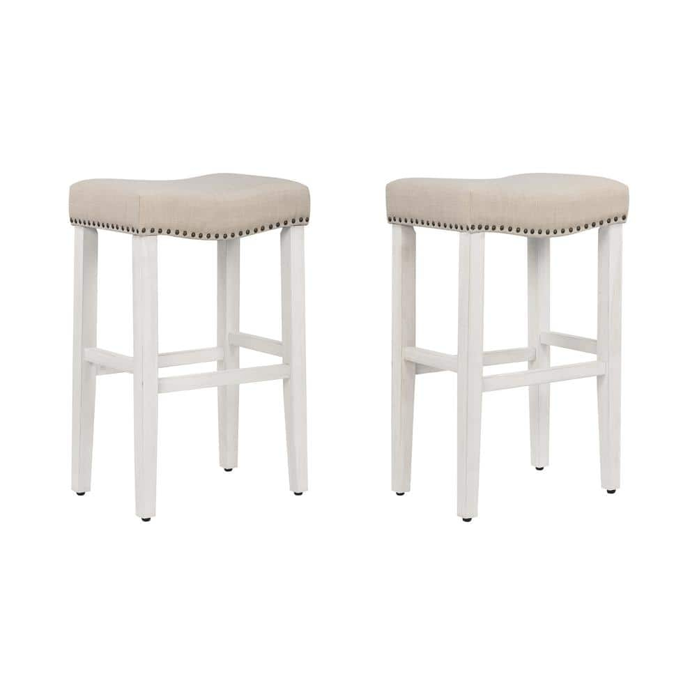 29" Upholstered Nail Head Counter Stool (Set of 2)Antique White/Beige