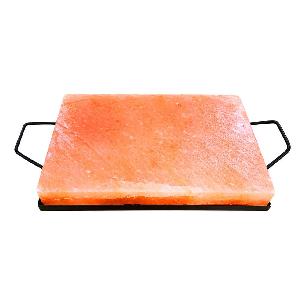 Outset Pink Himalayan Salt Plank with Holder Tray for Cooking, Grilling, Serving and Cutting, 12" x 8" x 1.5" Block, 17" including Handles