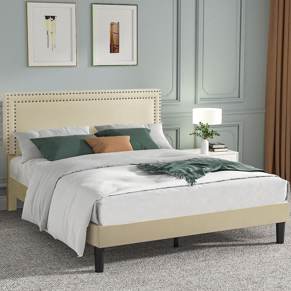 Katkuca Queen Bed Frame, Upholstered Queen Size Platform Bed Frame with Adjustable Headboard, Strong Wood Slat Support, No Box Spring Needed, Beige