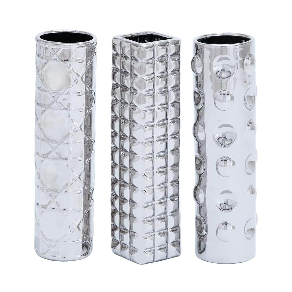 DecMode 4"W, 12"H Silver Ceramic Vase with Varying Patterns, Set of 3