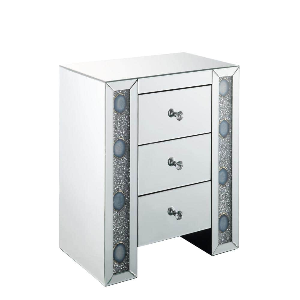 ACME Sonia 3-Drawers Mirror and Wood Nightstand in Mirrored/Faux Agate Stone