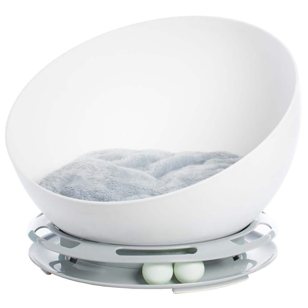 White Plastic Round Cat Lounge with Plush Velvet Cushion