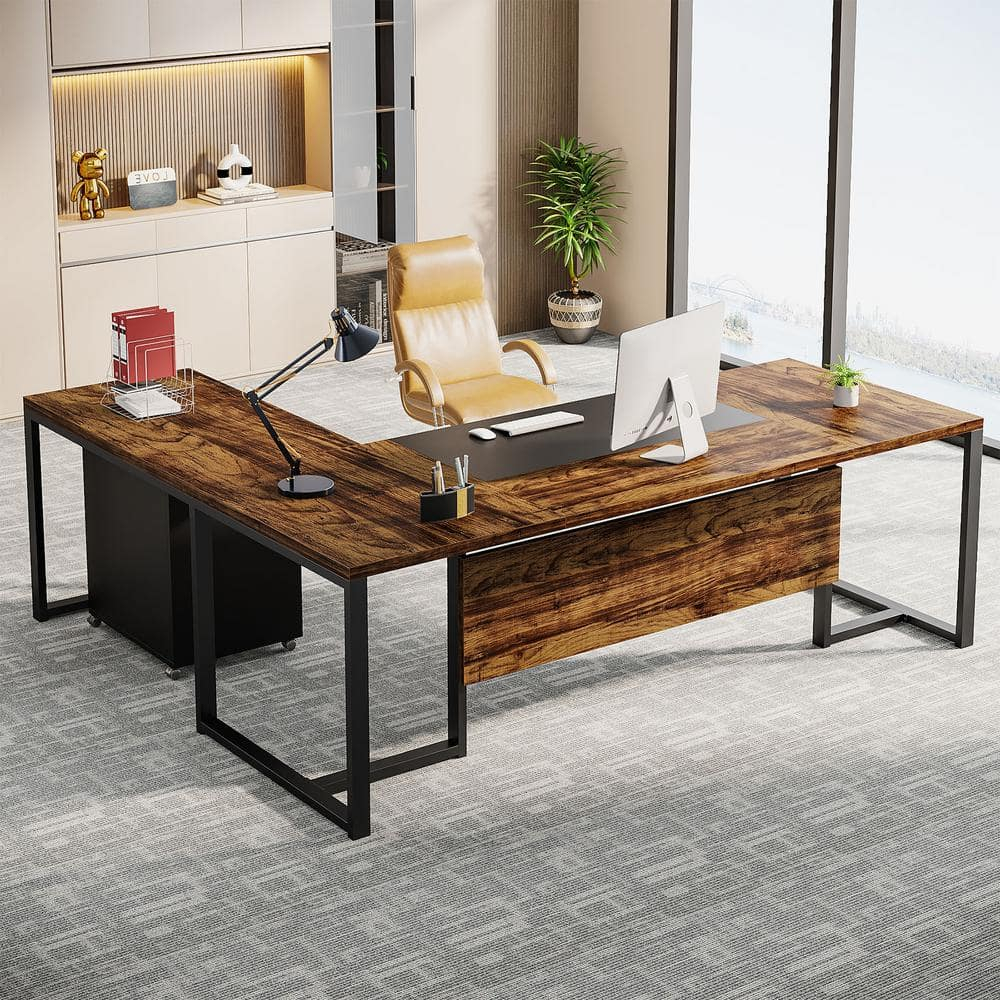 Capen 70.8 in. L Shaped Rustic Brown Wood Executive Desk with File Cabinet L Shaped Computer Desk for Home Office