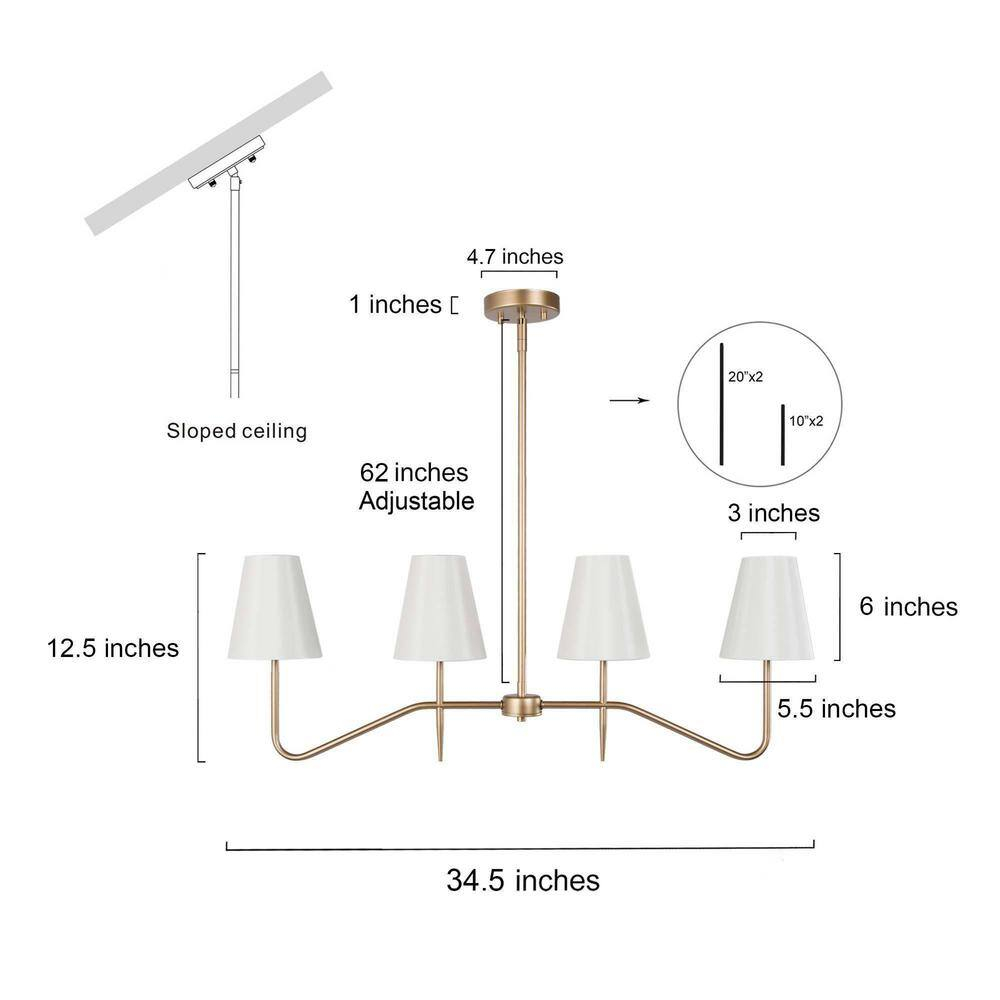 Brightever 4-Light Gold Linear Chandelier, Kicthen Island Light Fixture for Dining Room Over Table, Modern Pendant Lighting with White Fabric Shades for Pool Table, E12 Base (Bulb not Included)