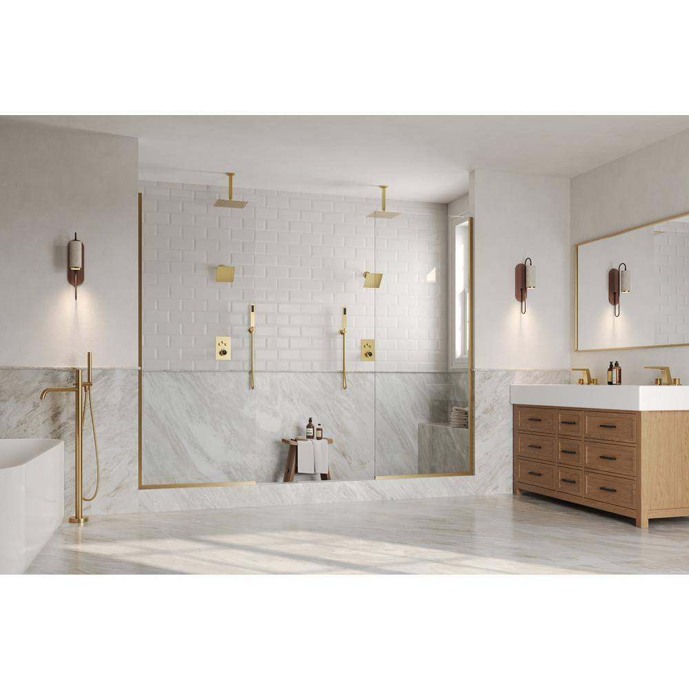 GRANDJOY Dual Wall Mount Rainfall Shower Head System Adjustable 12 inch & 6 inch Shower Faucet Set with Handheld Shower Spray Thermostatic Pressure Balance Value, Brushed Gold
