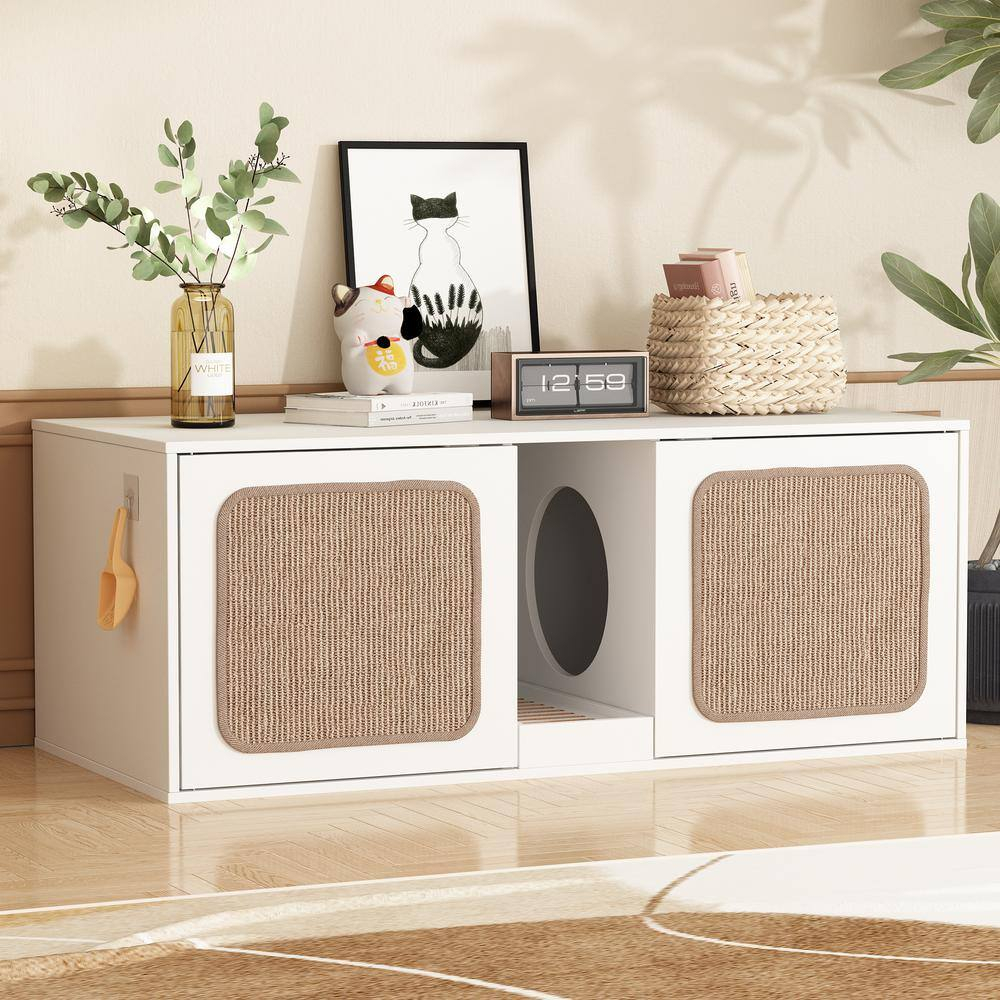 Wooden Hidden Cat Litter Box with 2 Sisal Doors, Litter Box Enclosure Washroom Storage Cabinet Bench End Table