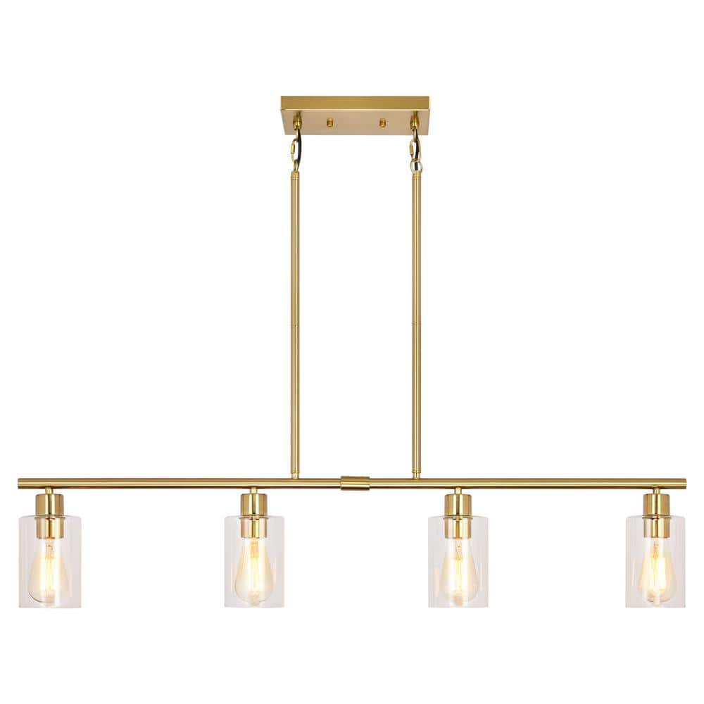 Modern Gold Kitchen Island Chandelier 4-Light Brushed Brass Farmhouse Pendant Light Industrial Kitchen Island Lighting Fixture with Glass Shades Hanging Lamp for Dining Living Room