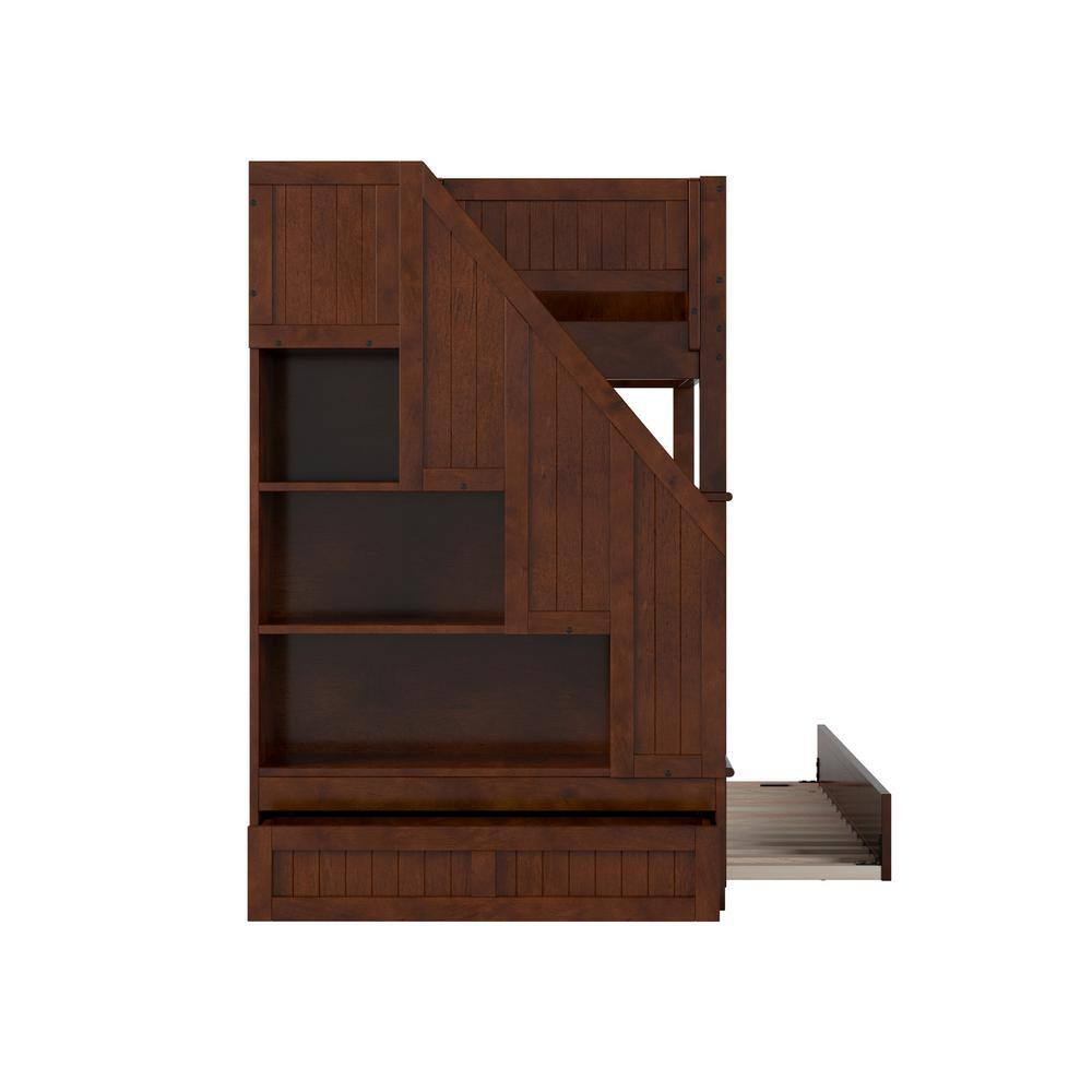 Walnut Twin Over Twin Bunk Bed with Storage Drawer and Trundle