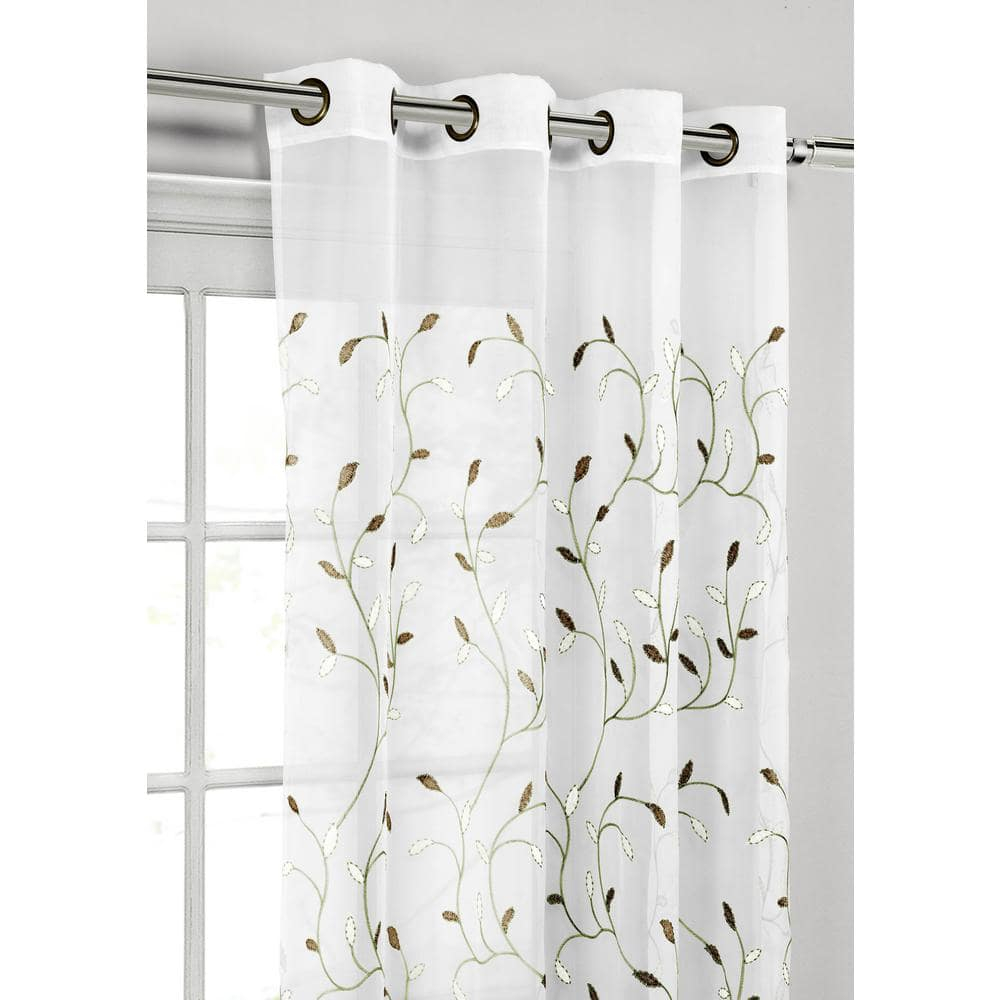 Grommet Curtain Panel, Embroidered Sheer Extra-Wide, Brown 54" x 84"