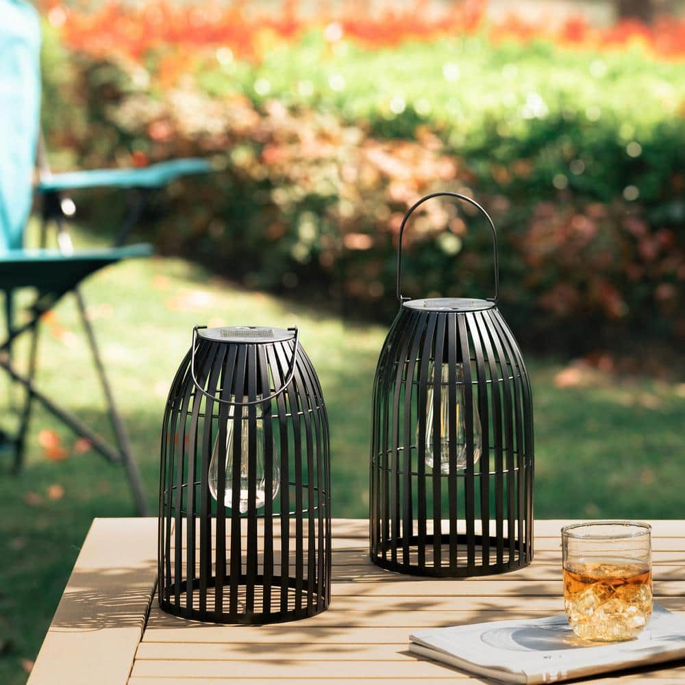 9.75" Black Metal Solar Powered Outdoor Hanging Lantern Set