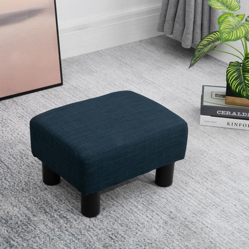 HOMCOM 16” Cube Modern Linen Fabric Pouf Footrest Ottoman - Dark Blue