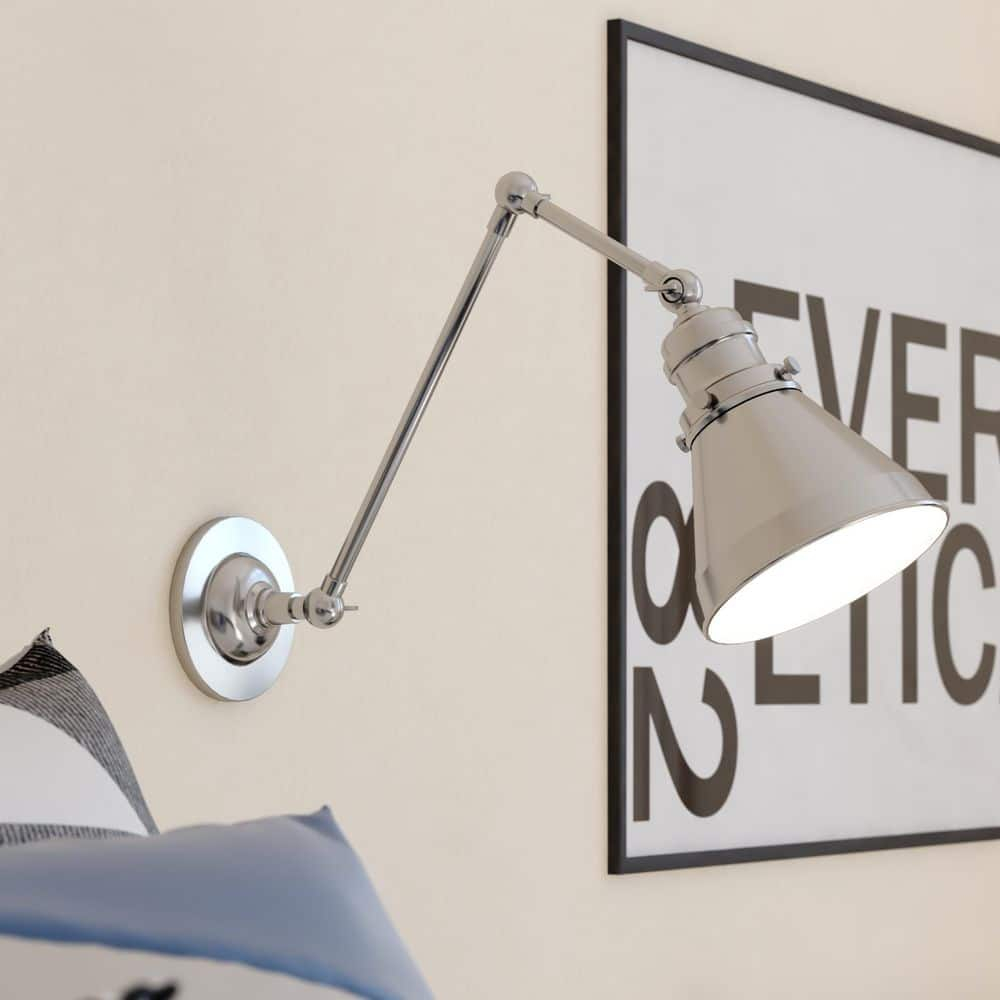 Alexis 6 in W Satin Nickel and Matte White Adjustable Swing Arm Wall Lamp with Metal Shade