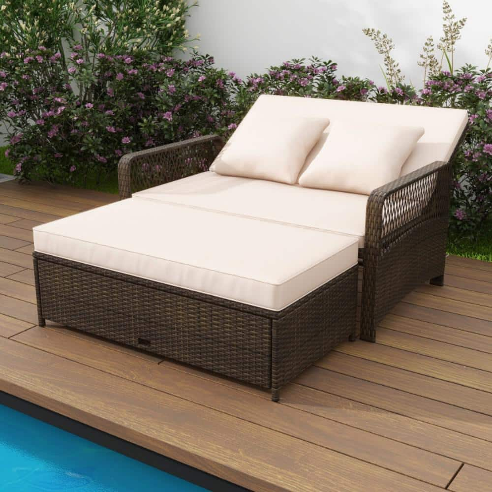 Topcobe Patio Adjustable Wicker Daybed with 4-Level Backrest and Soft Cushions, Modern Outdoor Furniture for Patio Backyard, Garden-Beige