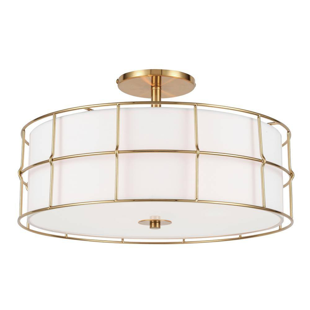 Dainolite Alcala 3-light Transitional Metal Semi-Flush Mount in Aged Brass/White