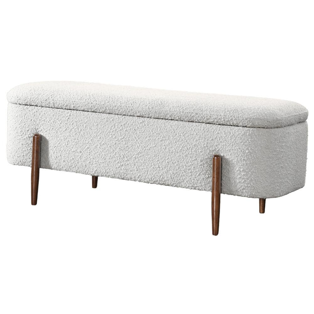 Alya Mid-Century Japandi Ivory Boucle Fabric Upholstered Storage Ottoman Bench