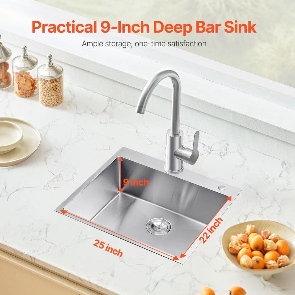 VEVOR 25 inch Kitchen Sink Workstation, 304 Stainless Steel Top Mount Sinks, Drop-In Single Bowl Farmhouse Basin with Accessories, Household Dishwasher Sinks for RV, Prep Kitchen, Laundry Room, Bar