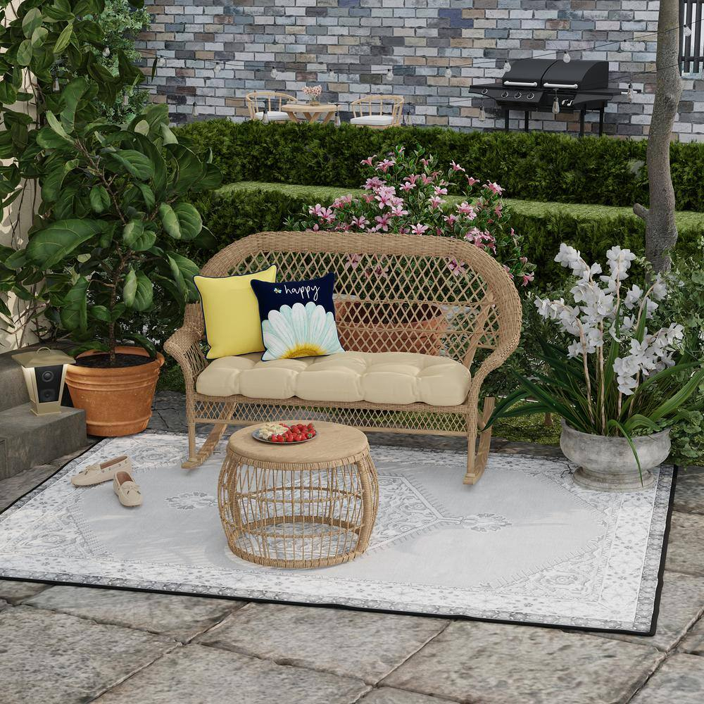 Jordan Manufacturing 16" x 16" Bee Happy Daisy Navy Novelty and Yellow Solid Reversible Square Outdoor Throw Pillow with Welt
