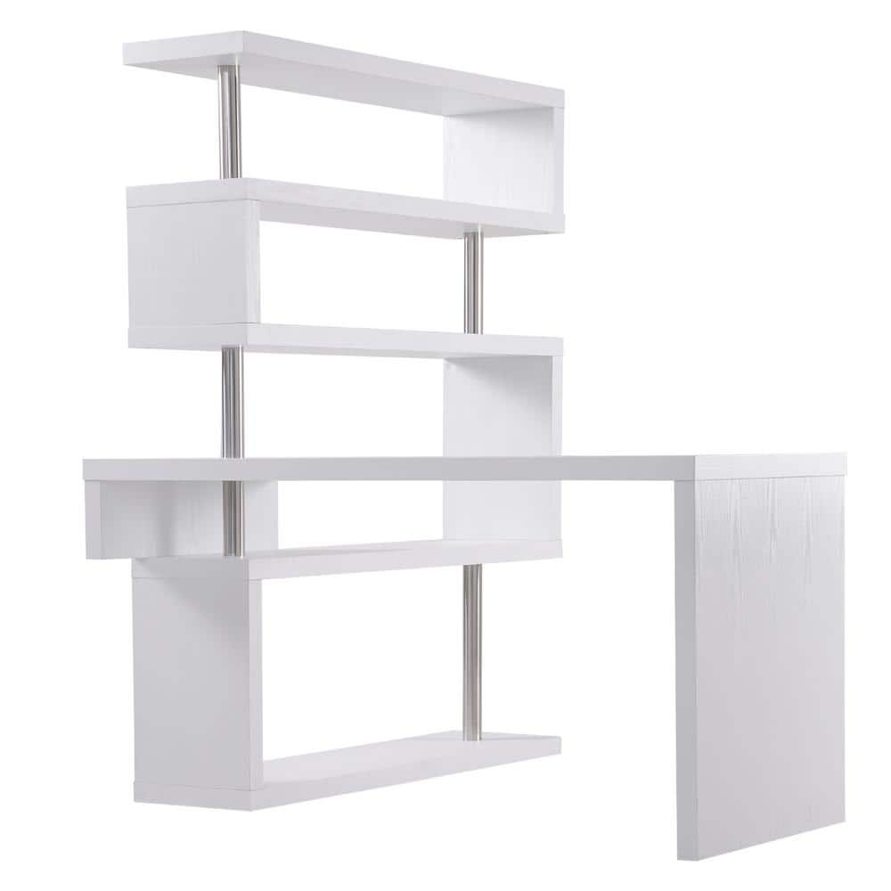 HomCom Modern L-Shaped 360° Rotating Computer Desk Corner Home Office Study Workstation with 5-Tier Storage Shelves, Bookshelf, White