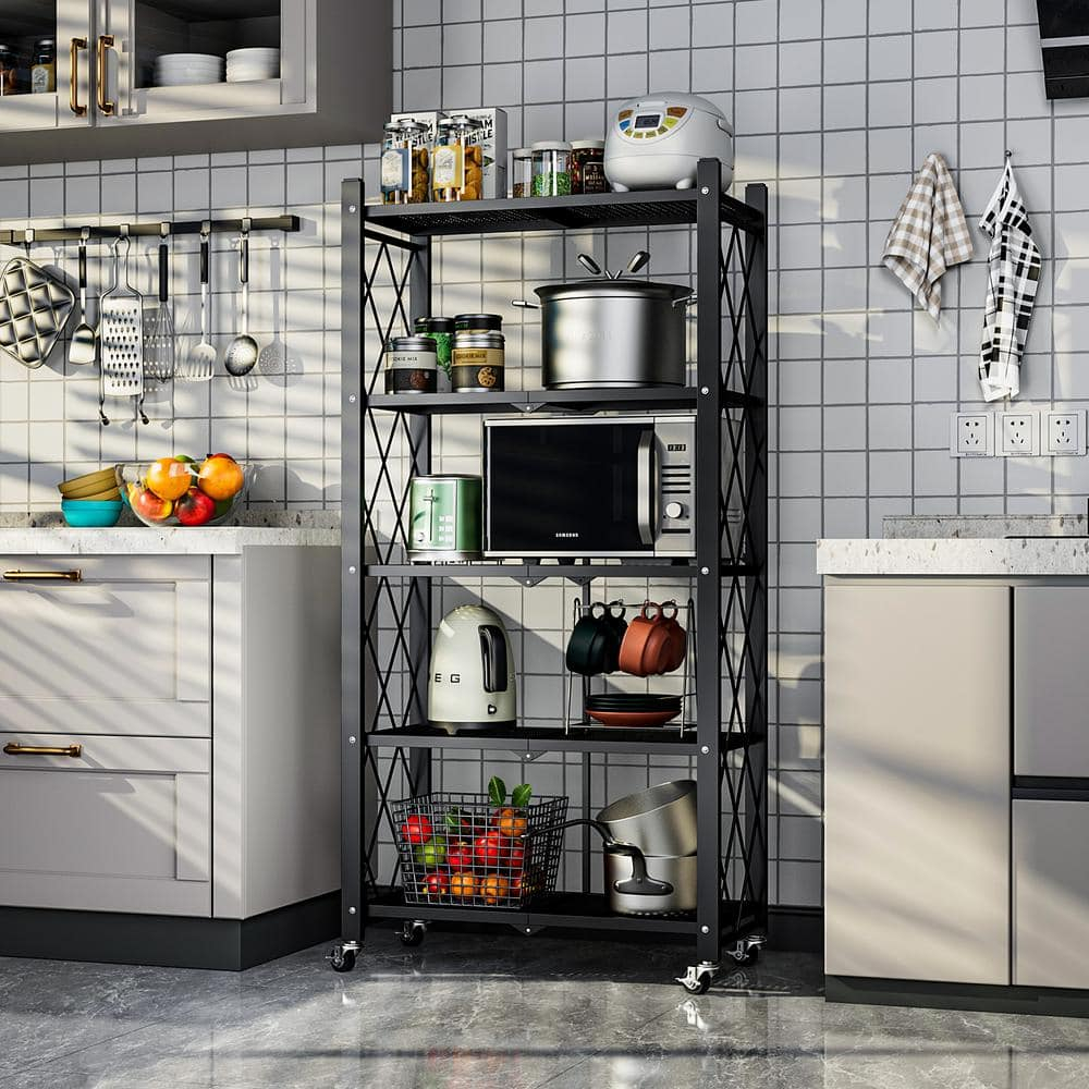 5-Tier Black Metal Kitchen Shelf Foldable Storage Rack with WheelsMultifunctional Cart