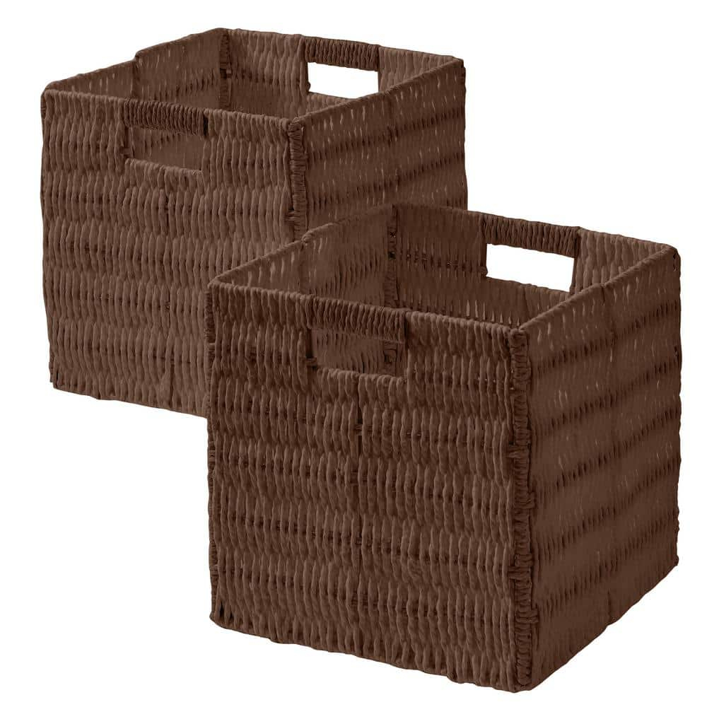 Ornavo Home Wicker Storage Cubes Bin, 10.5 Inch Storage Shelf Basket Collapsible Natural Hand Woven Paper Storage Cube Bin with Handles - Set of 2, Brown