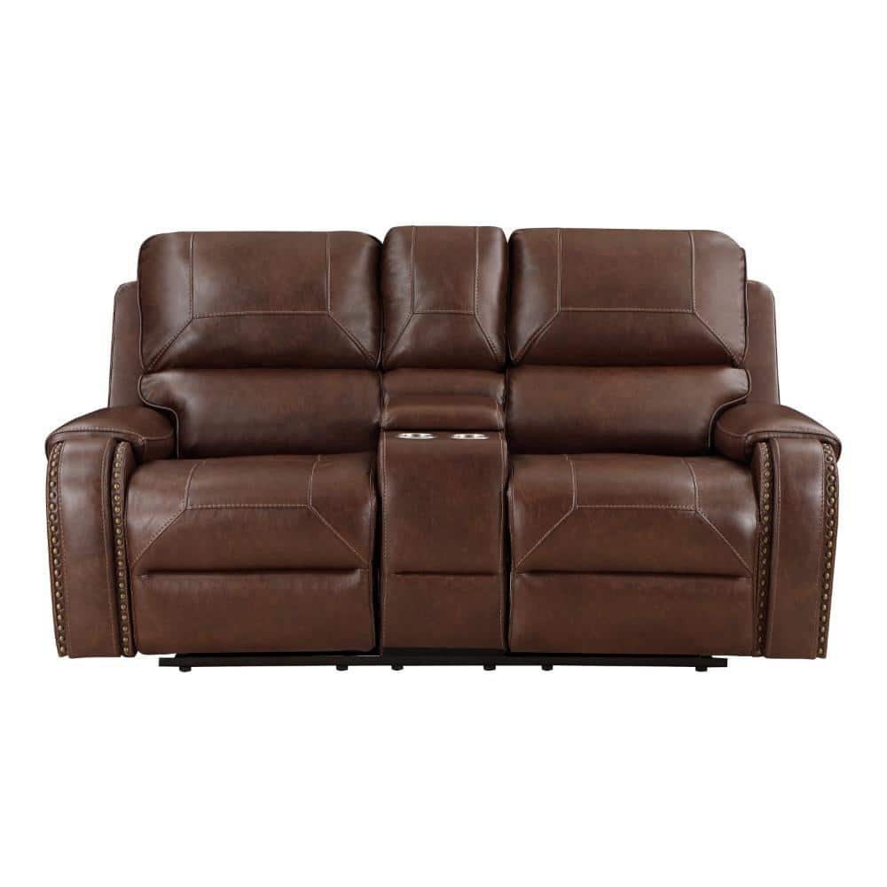 Benjara  76 in. Dean Dual Manual Recliner Loveseat, Cupholders, Brown Faux Leather