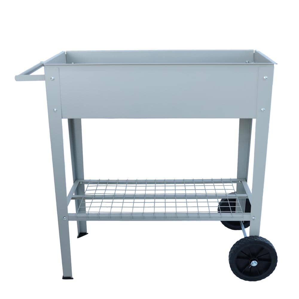 Gray Metal Mobile Raised Garden Bed Cart with Wheels