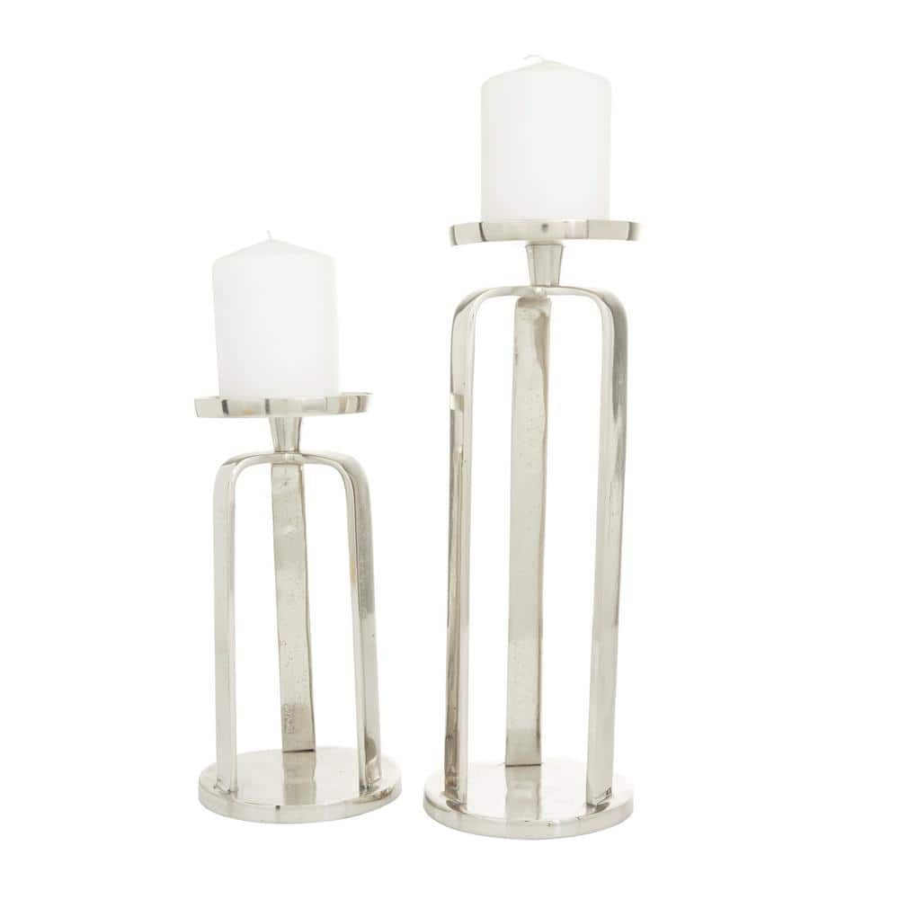 Contemporary Silver Aluminum Geometric Pillar Candle Holder Set