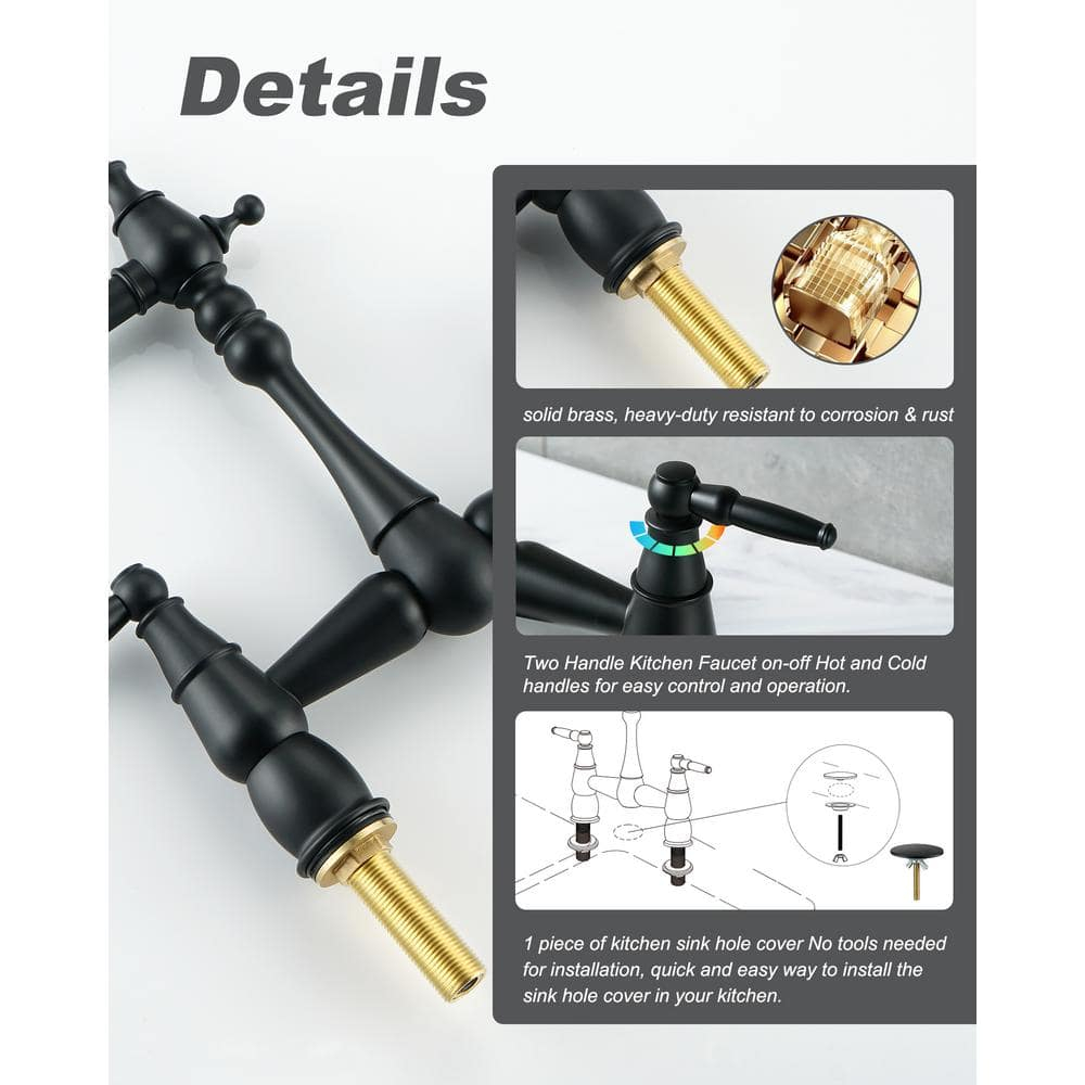 Double Handle Bridge Kitchen Faucet with Sink Hole Cover in Matte Black