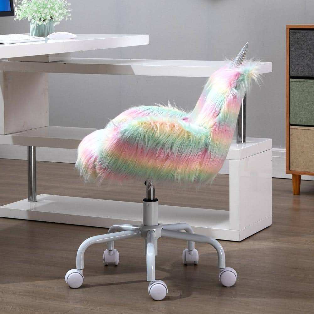 Canddidliike Fluffy Unicorn Office Chair, Desk Chair with Mid-Back and Armrest Support, Desk Chair with 5 Star Swivel Wheel White Base, Multicolored