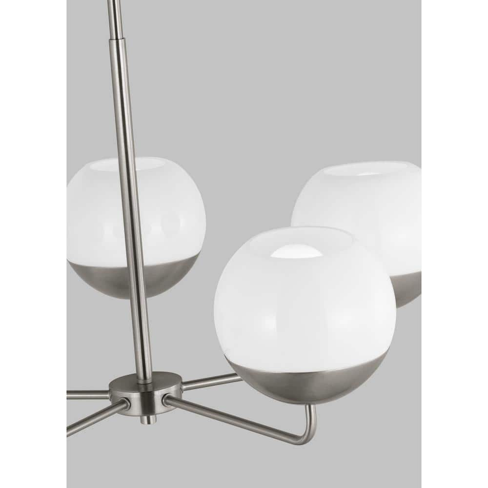 Alvin Midcentury 5-Light Brushed Nickel Chandelier with Milk Glass Shades