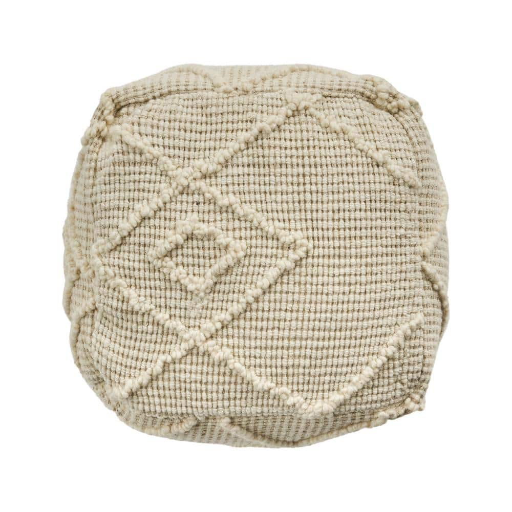 Noble House Cube Geometric Woven Wool Pouf, Off-White
