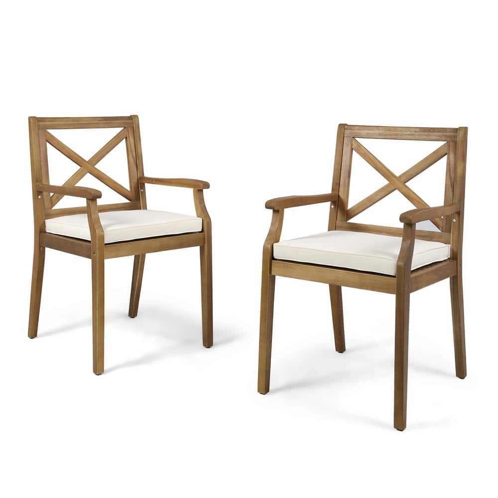 Perla Teak Brown Cross Back Wood Outdoor Patio Dining Chairs with Cream Cushions (2-Pack)
