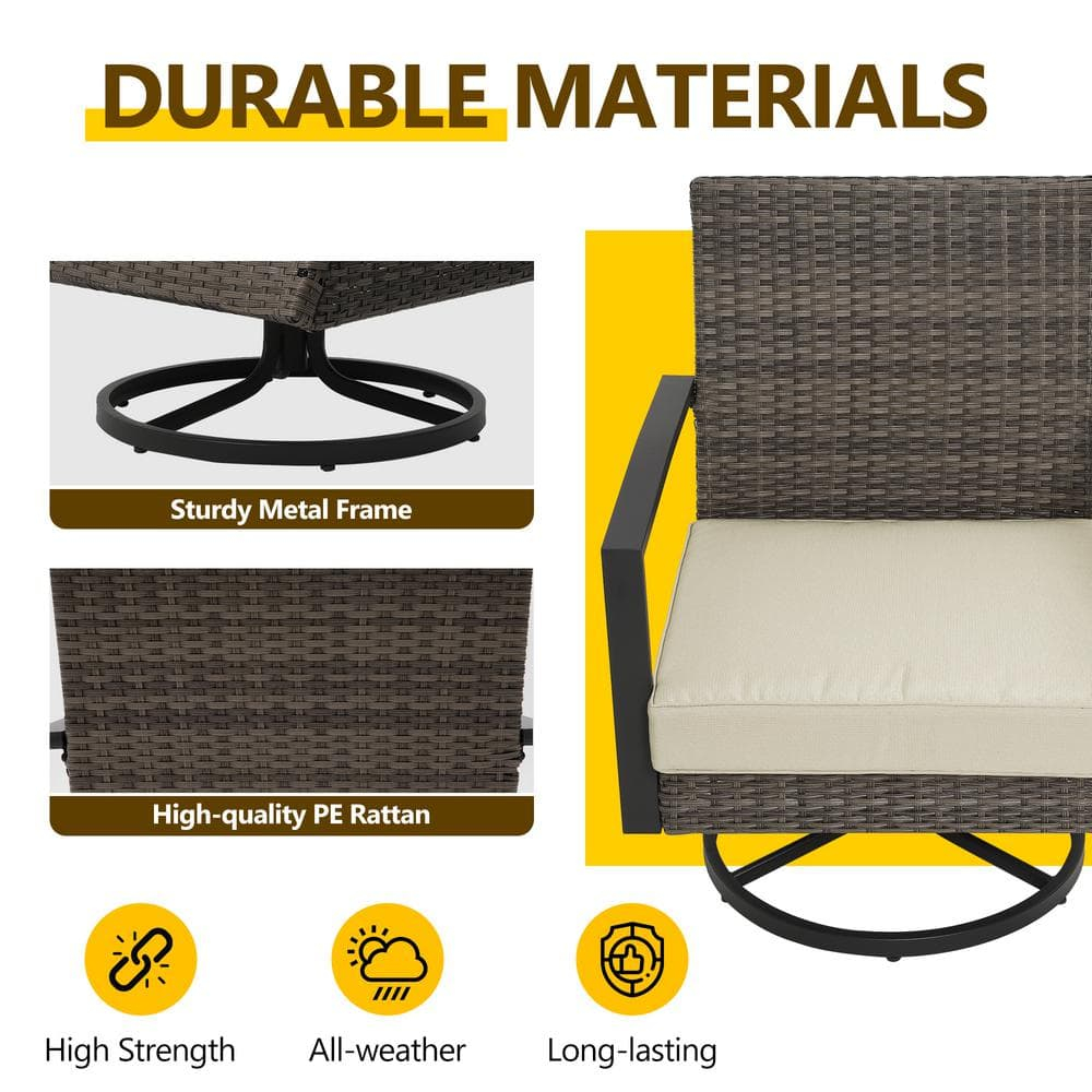Beige Cushioned Black Metal Rattan Swivel Patio Dining Chairs (2-Pack)