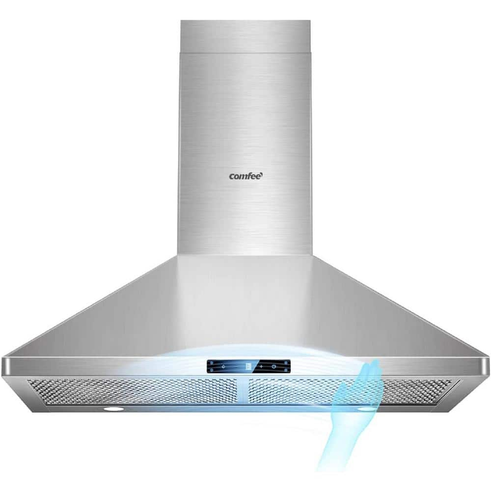COMFEE' CVP30W7AST 30 Inch 450 CFM 3 Speed Gesture Sensing &Touch Control Panel Stainless Steel Wall Mount Ductless/Ducted Convertible Vent Baffle Filters and 2 LED Lights Range Hood