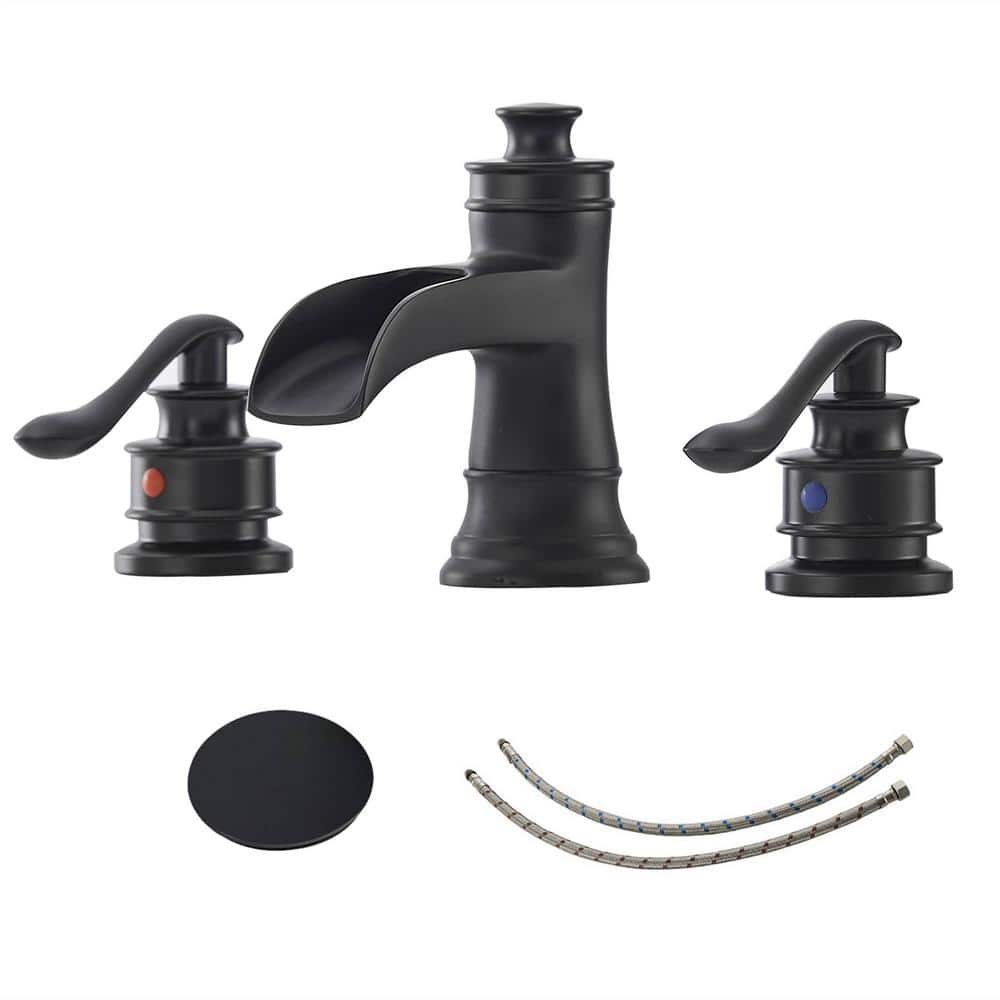 Black Bathroom Faucet Widespread Bathroom Faucets for Sink 3 Hole Matte Black 8 Inch Two Handle Matching Pop Up Drain Stopper Waterfall Farmhouse Lavatory Water Supply Line by Bathfinesse